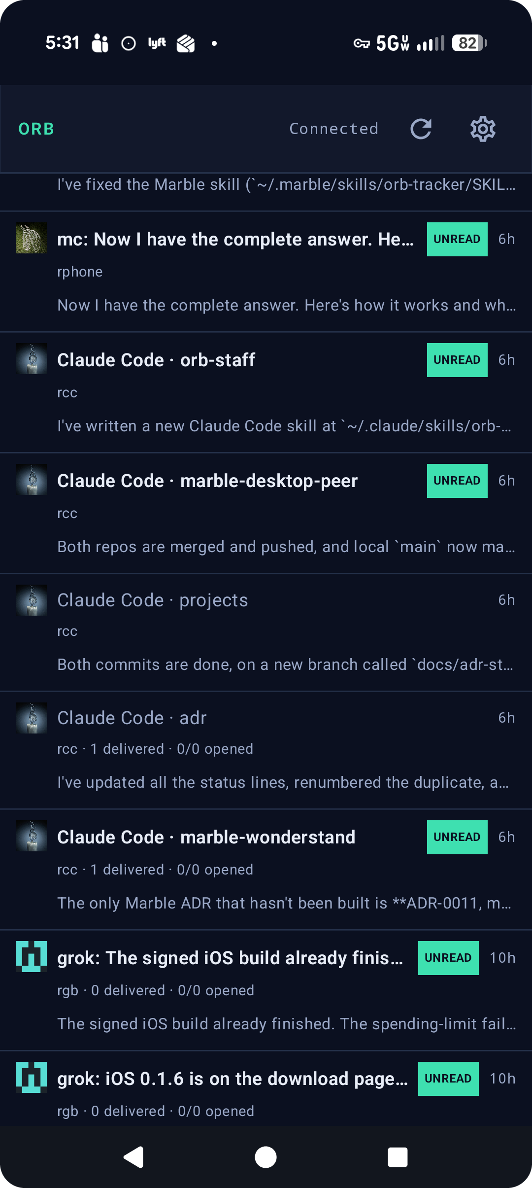 Android Orb inbox: connected, unread badges, compact rows with soul avatars.